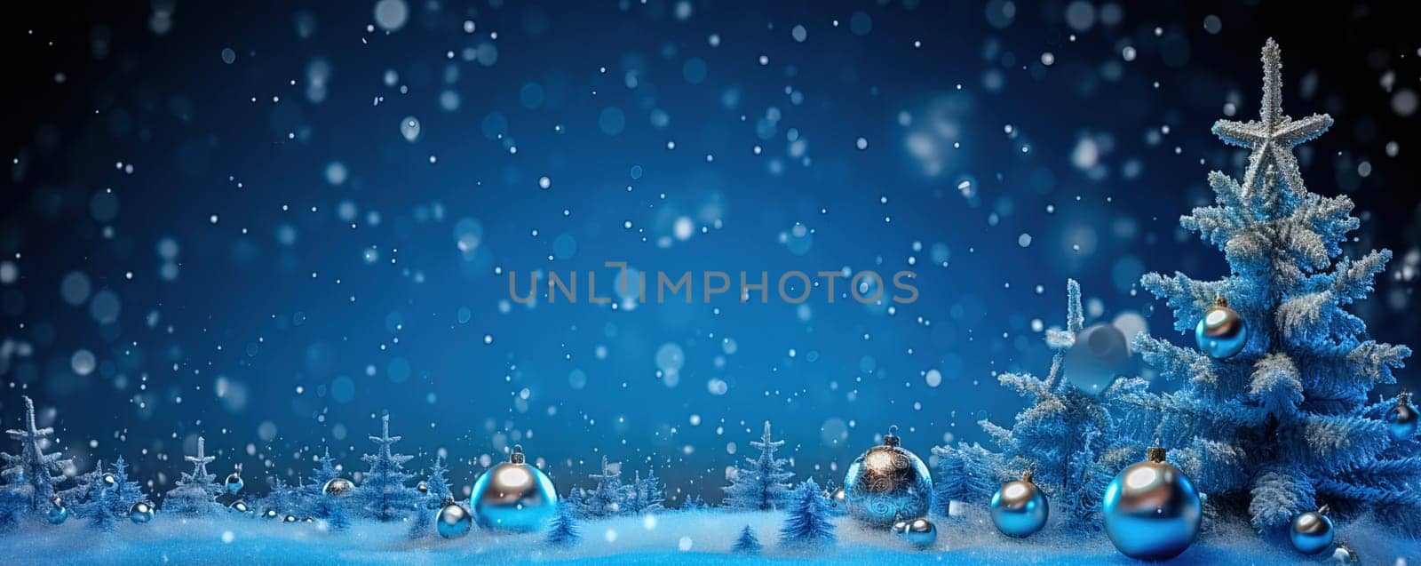 Snowy, blue Christmas background. Gentle flying snow. Generative AI. High quality illustration