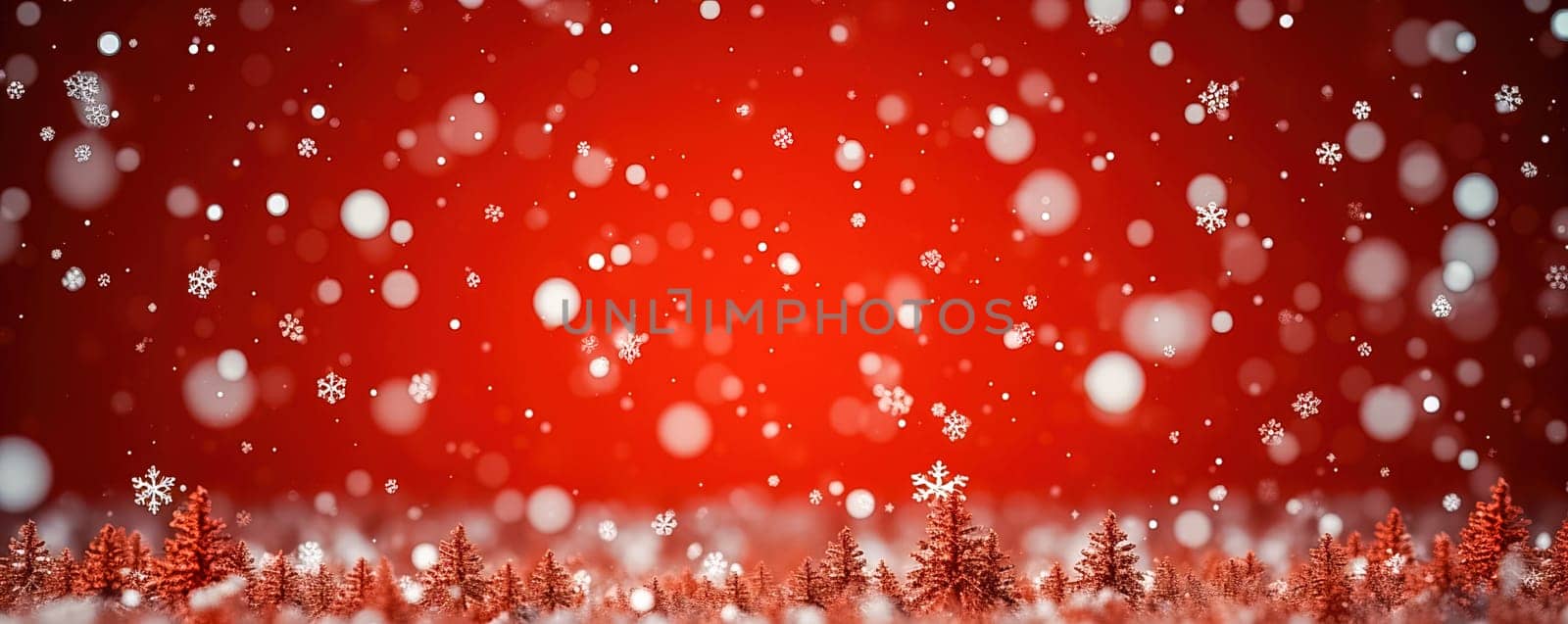 Snowy, red Christmas background. Gentle flying snow. Generative AI by Yurich32