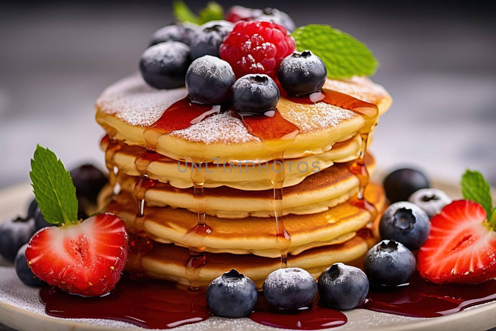 A stack of small pancakes with berries. Generative AI. High quality illustration