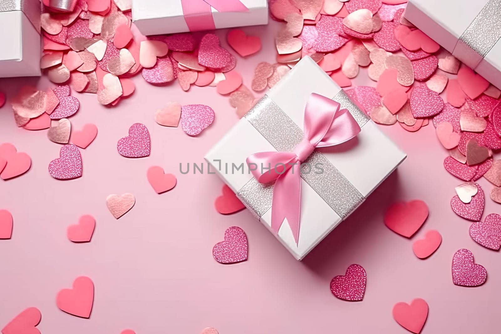 Gift boxes with pink bows and hearts. Generative AI. High quality illustration