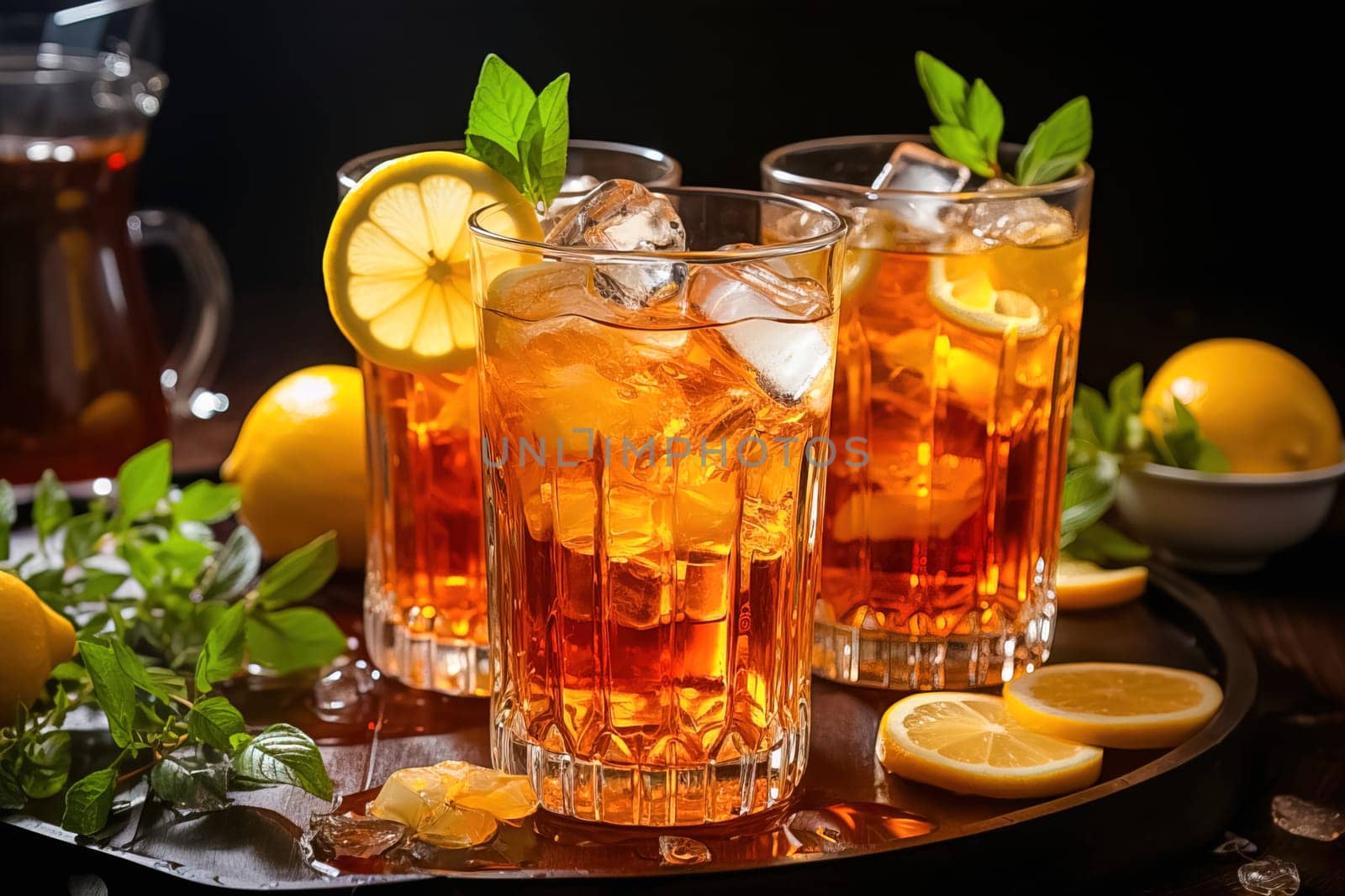 Traditional iced tea with lemon in tall glasses. Generative AI. High quality illustration