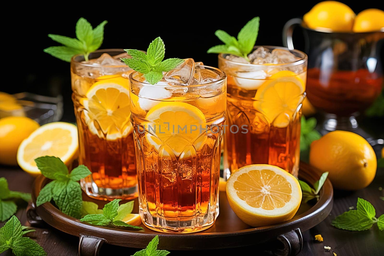 Traditional iced tea with lemon in tall glasses. Generative AI. High quality illustration