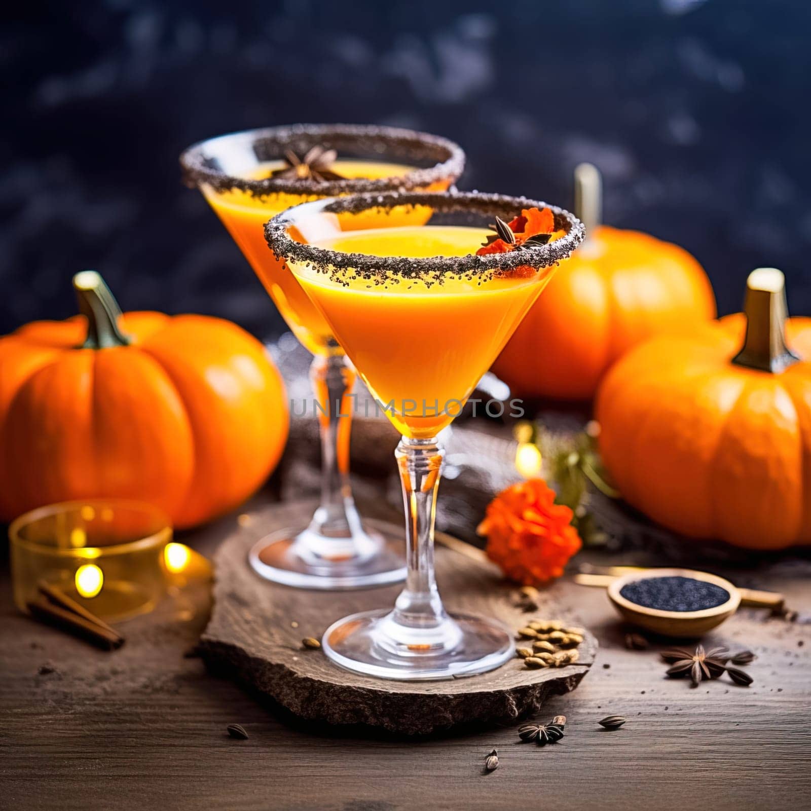 Tykkintini Pumpkin Martini cocktail for autumn and Halloween parties. Generative AI. High quality illustration