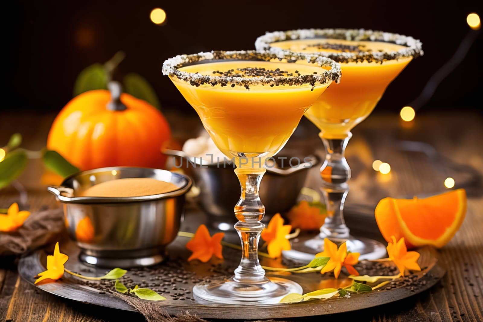 Tykkintini Pumpkin Martini cocktail for autumn and Halloween parties. Generative AI. High quality illustration