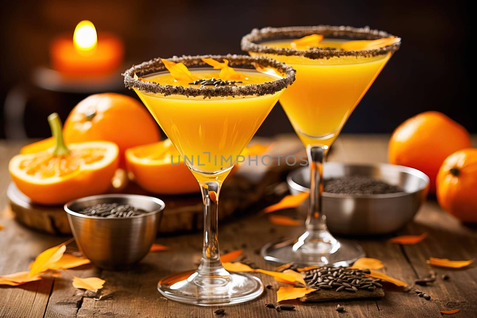 Tykkintini Pumpkin Martini cocktail for autumn and Halloween parties. Generative AI. High quality illustration