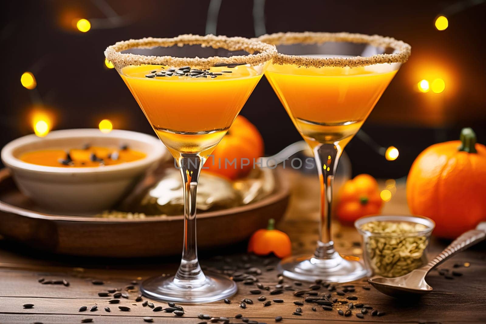 Tykkintini Pumpkin Martini cocktail for autumn and Halloween parties. Generative AI. High quality illustration
