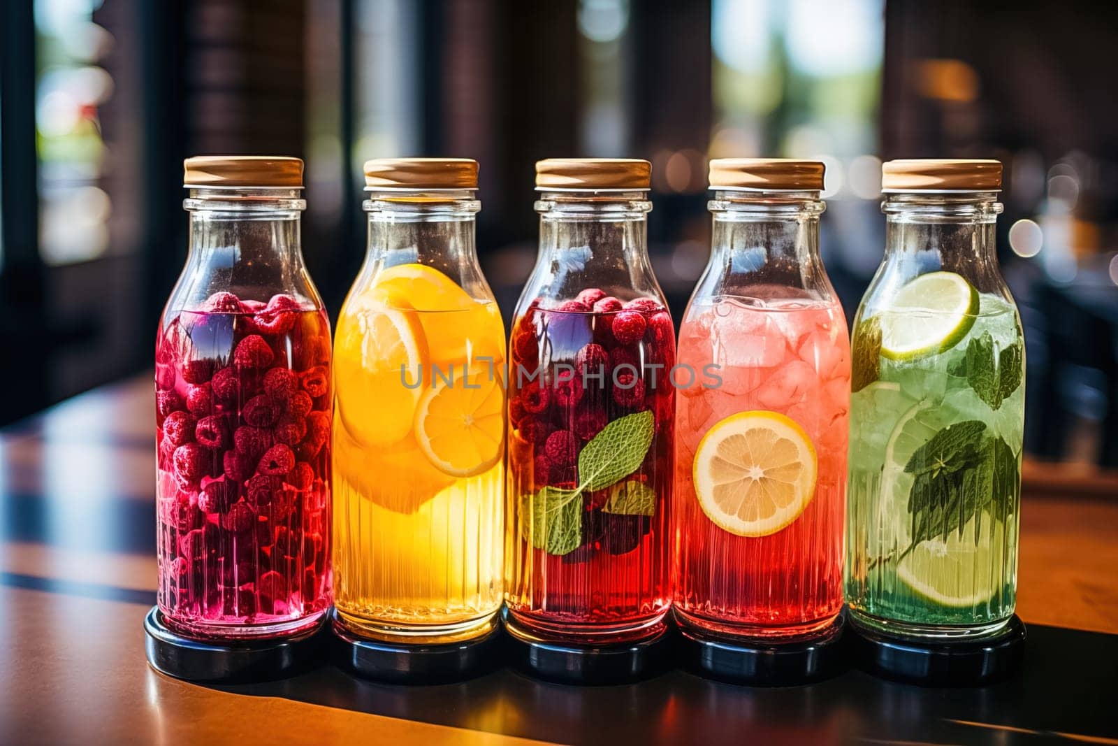 Fruity soft drinks in bottles. Generative AI. High quality illustration