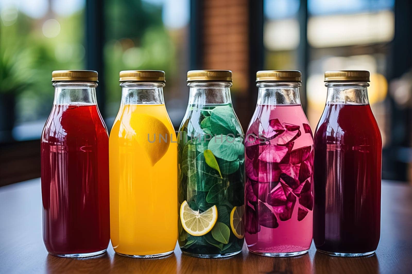 Fruity soft drinks in bottles. Generative AI. High quality illustration
