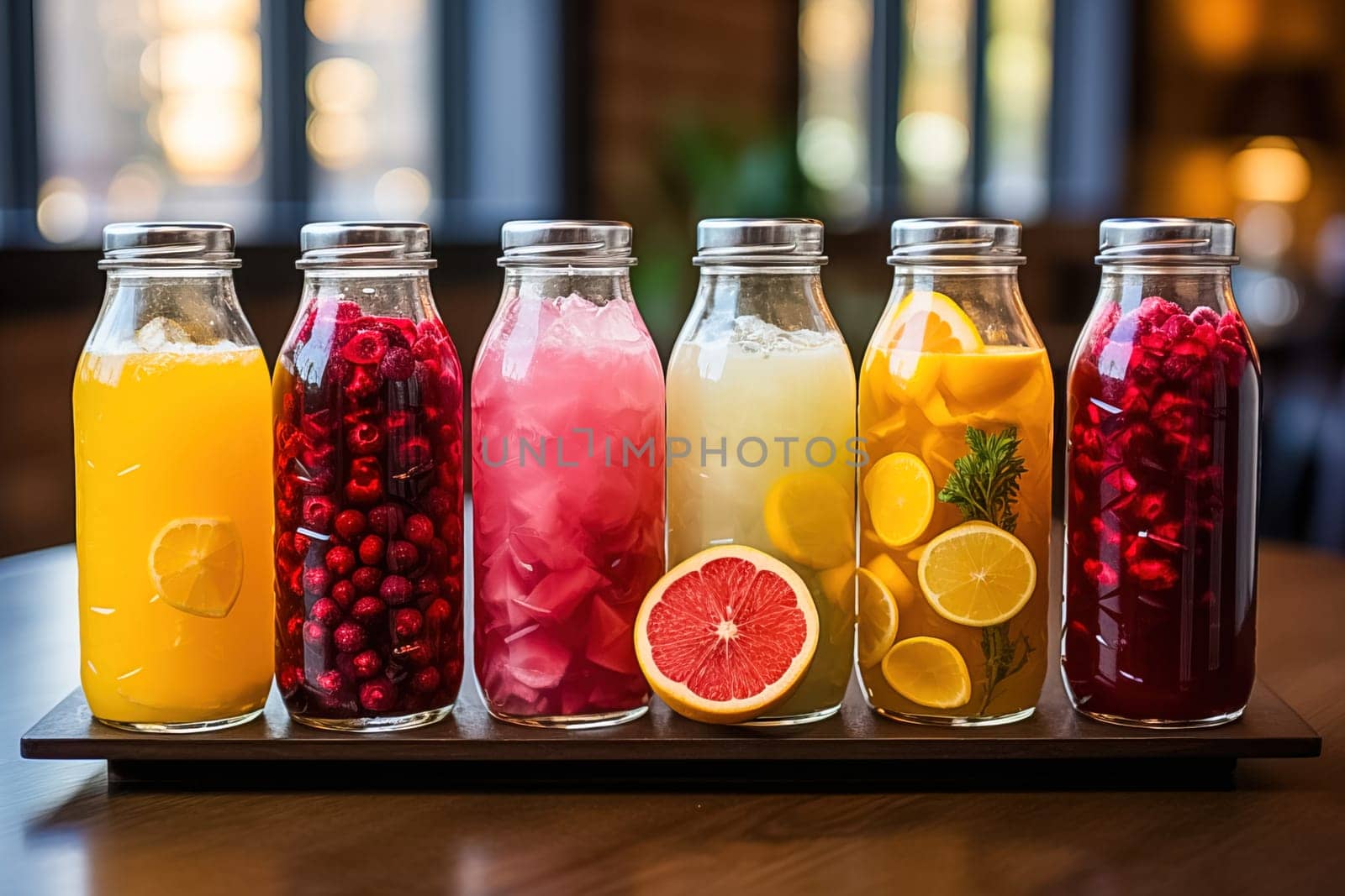Fruity soft drinks in bottles. Generative AI. High quality illustration