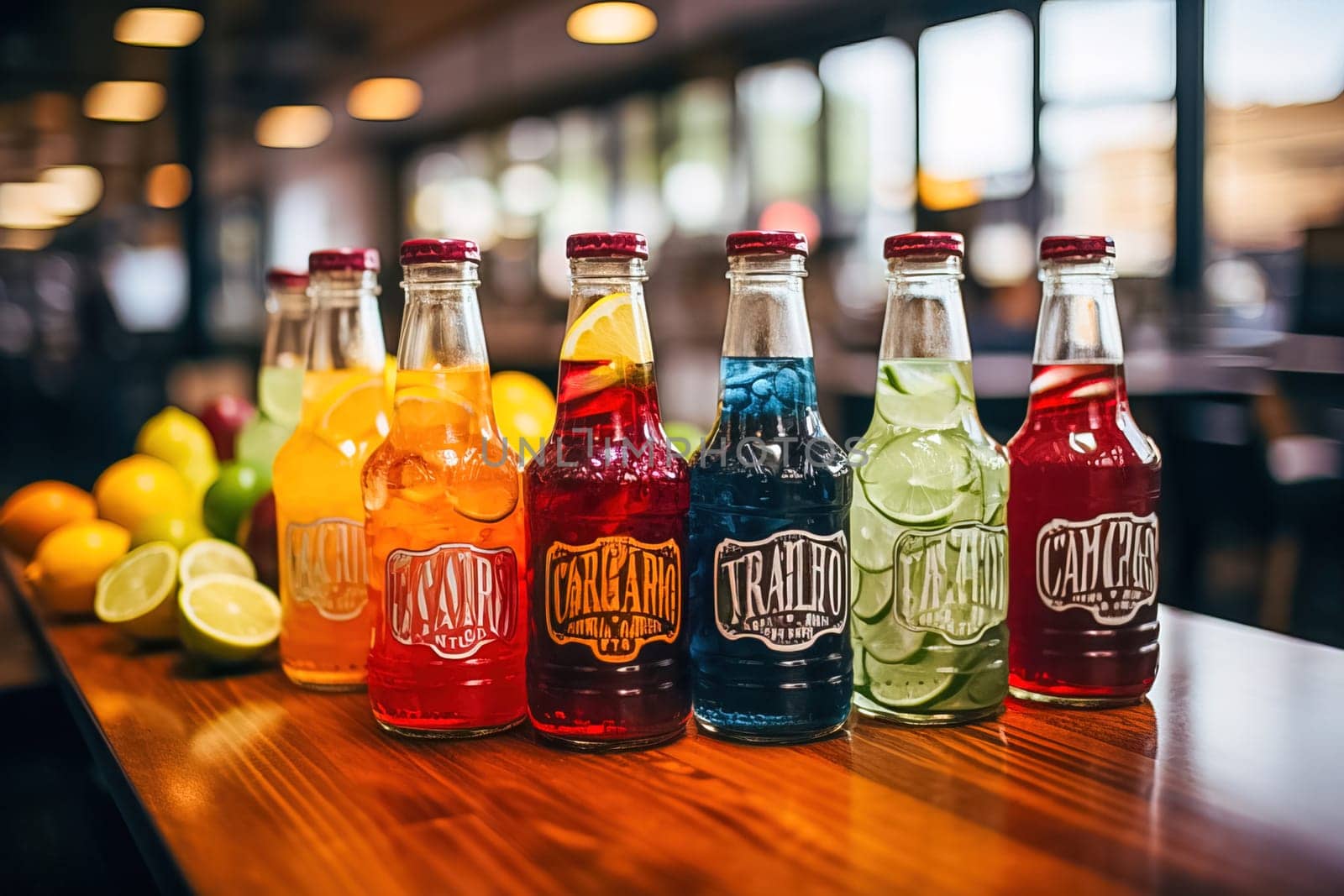 Fruity soft drinks in bottles. Generative AI. High quality illustration