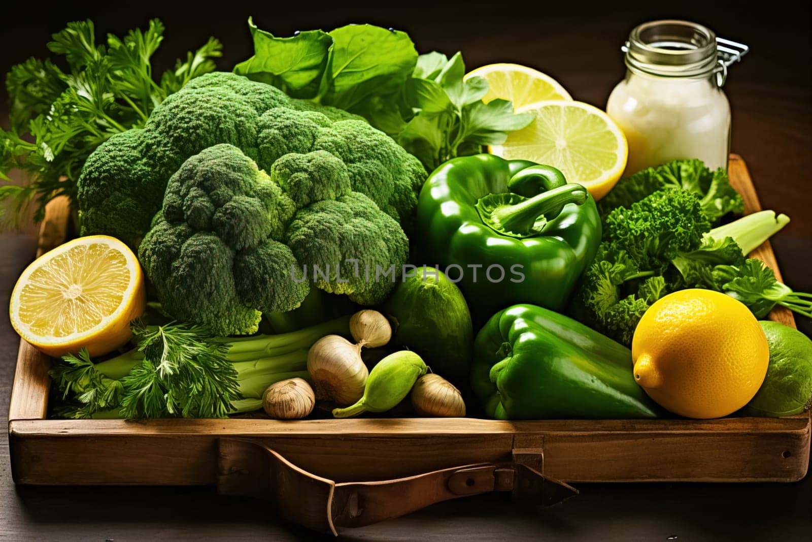 Variety of green vegetables and fruits in a crate on the table. Generative AI. High quality illustration
