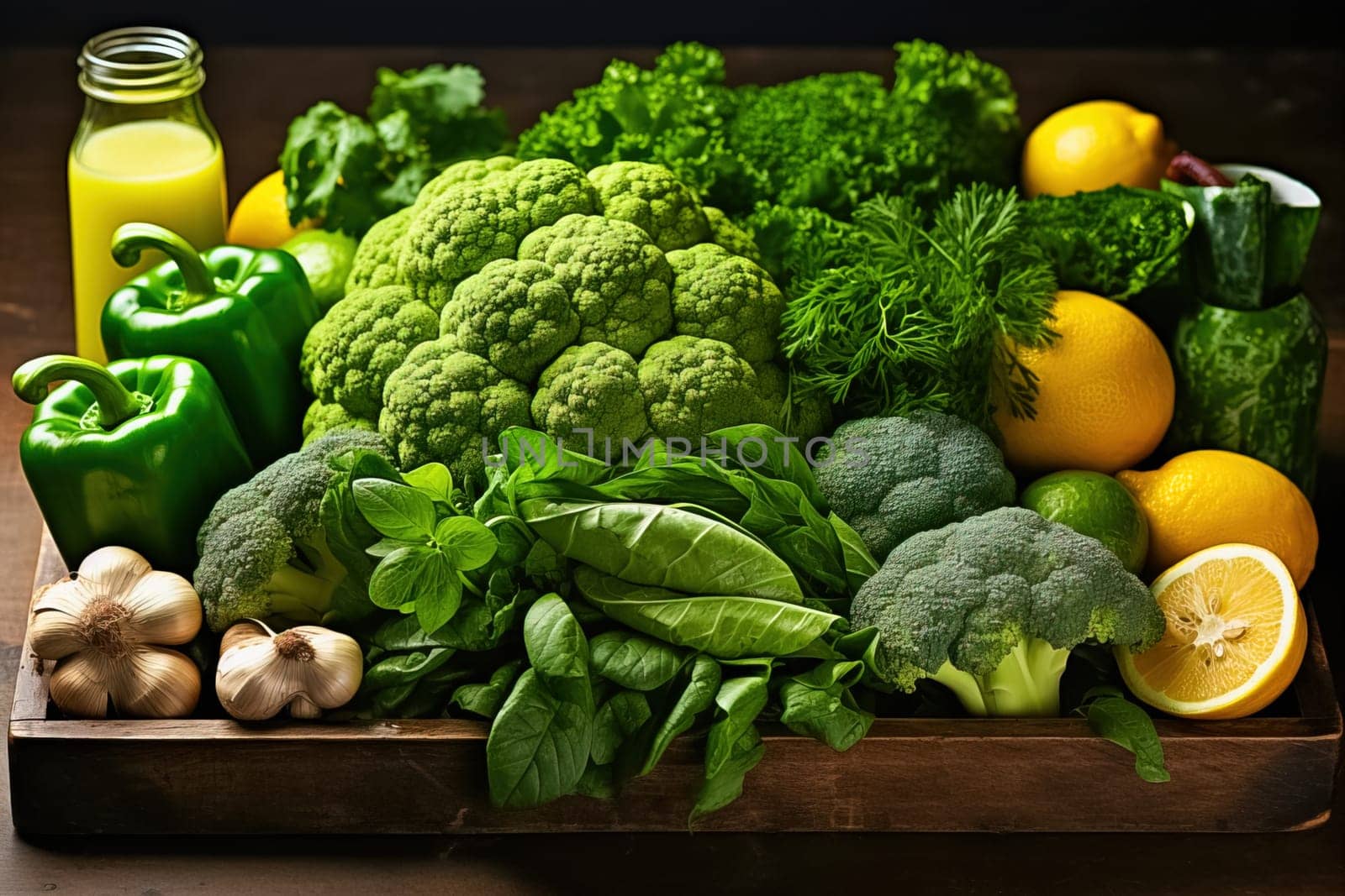 Variety of green vegetables and fruits in a crate on the table. Generative AI. High quality illustration
