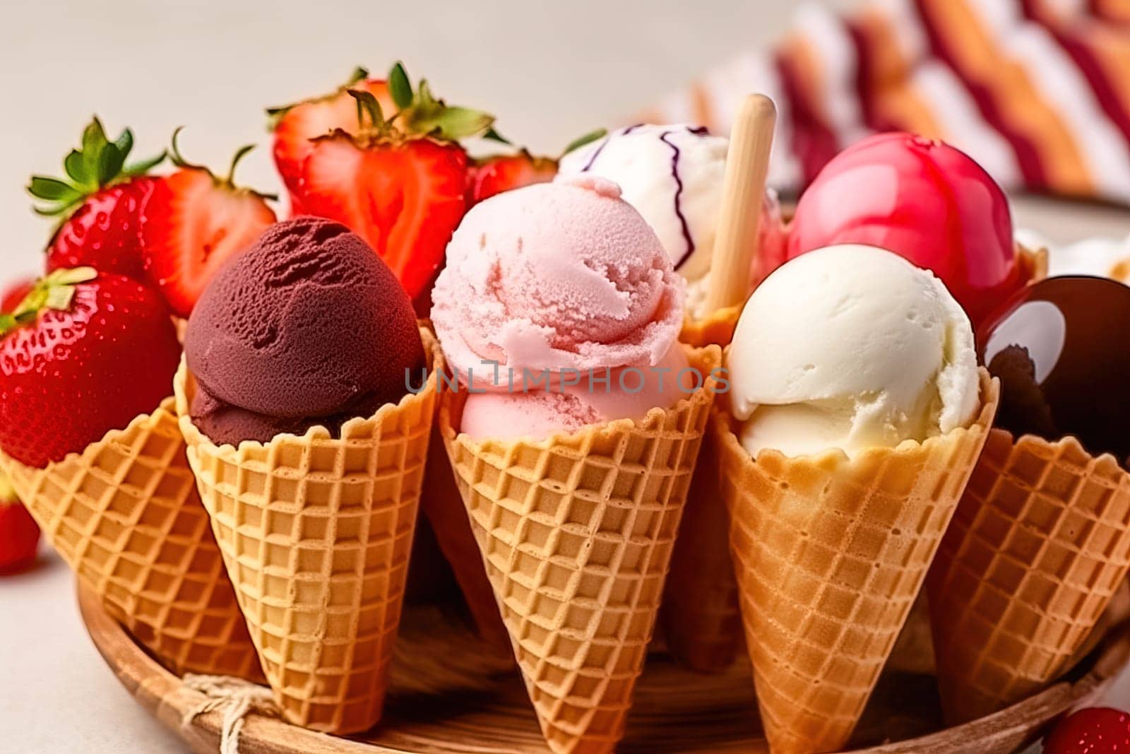 Ice cream in a waffle cup. Generative AI. High quality illustration