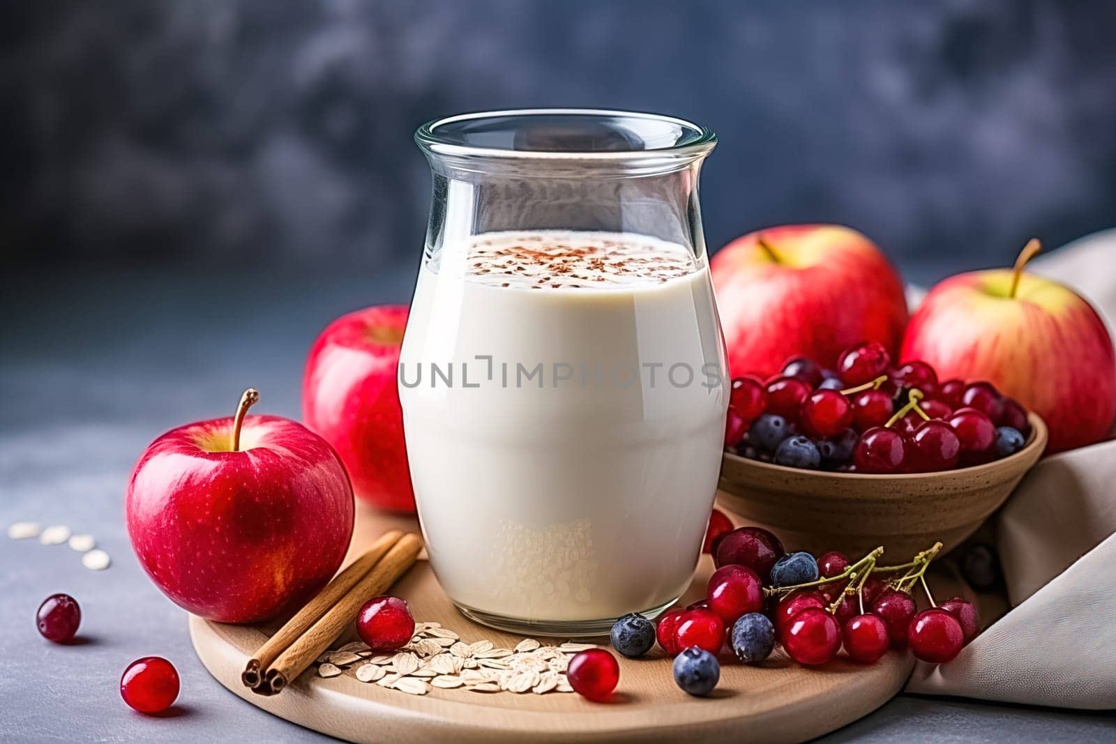 Vegan banana and oatmeal smoothie in a glass bowl. Healthy. Generative AI. High quality illustration