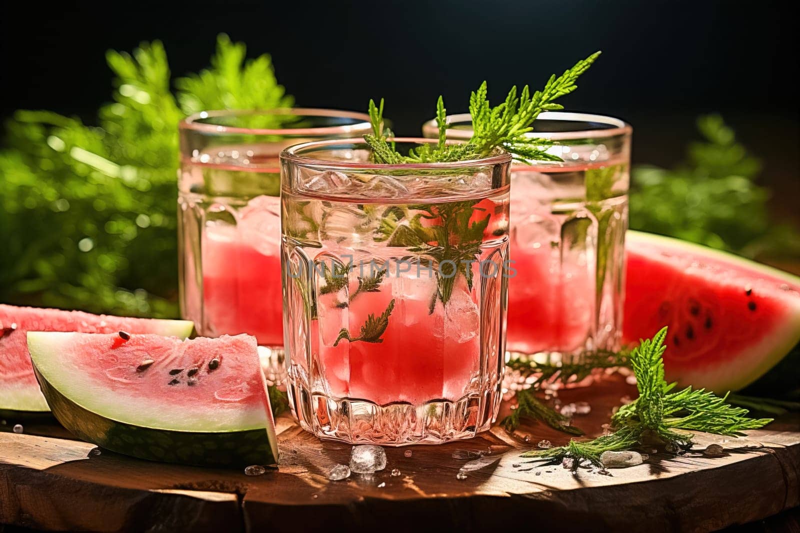 Watermelon drink in glasses with watermelon slices. Generative AI. High quality illustration