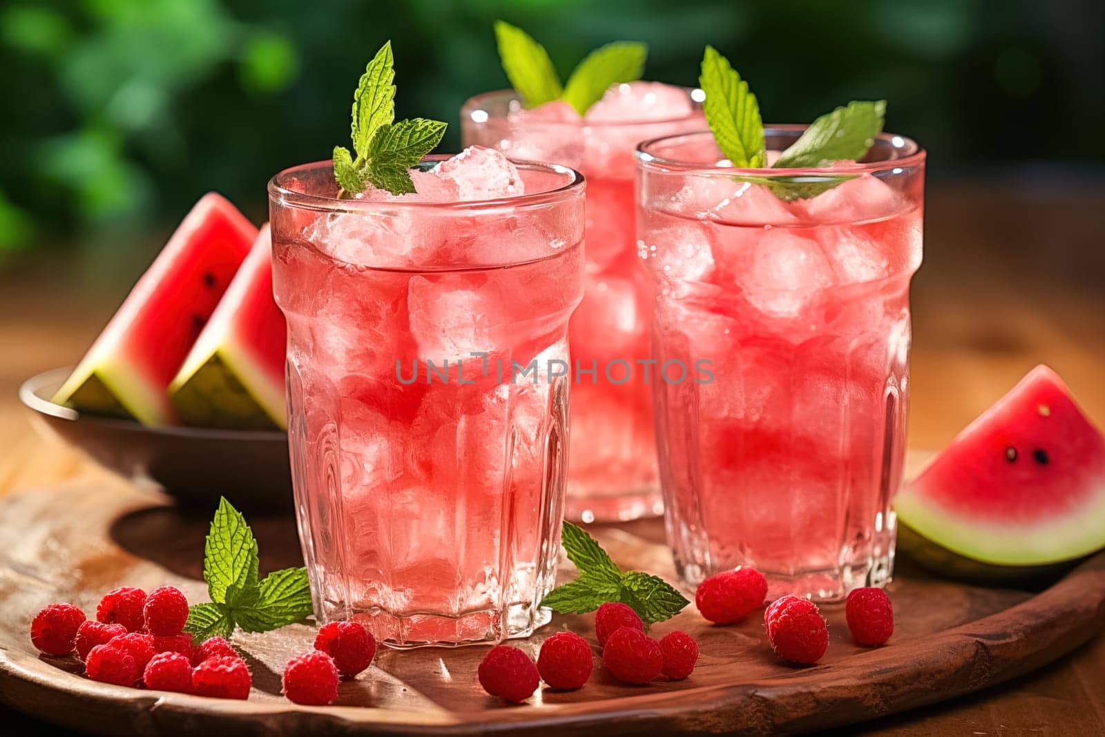 Watermelon drink in glasses with watermelon slices. Generative AI. High quality illustration