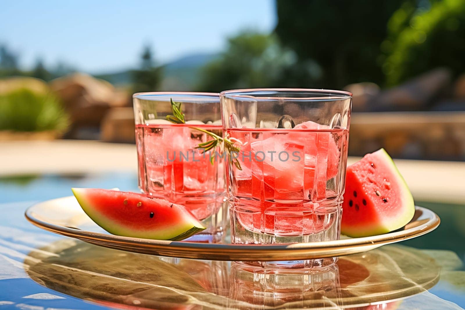 Watermelon drink in glasses with watermelon slices. Generative AI. High quality illustration
