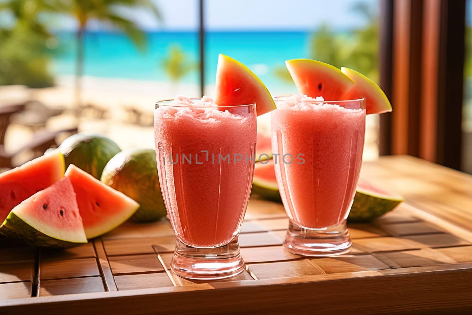 Watermelon slushie with lime, summer refreshing drink in tall glasses. Generative AI. High quality illustration
