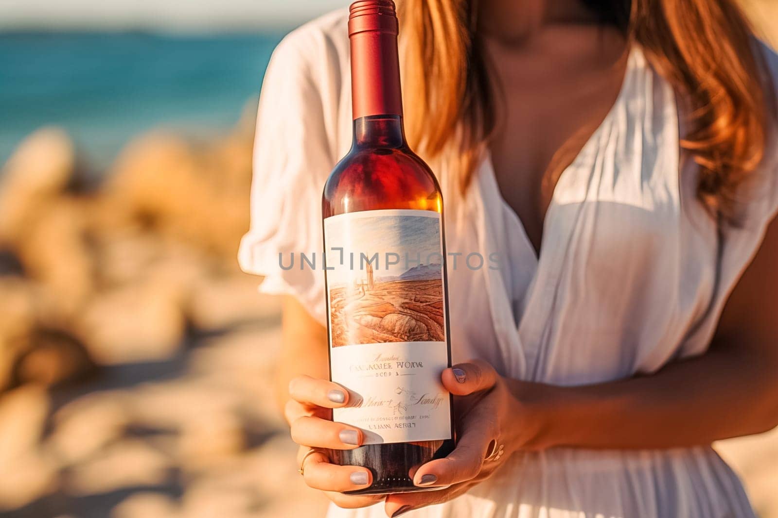 Woman's hands holding a bottle of red wine with a white label. Generative AI. High quality illustration