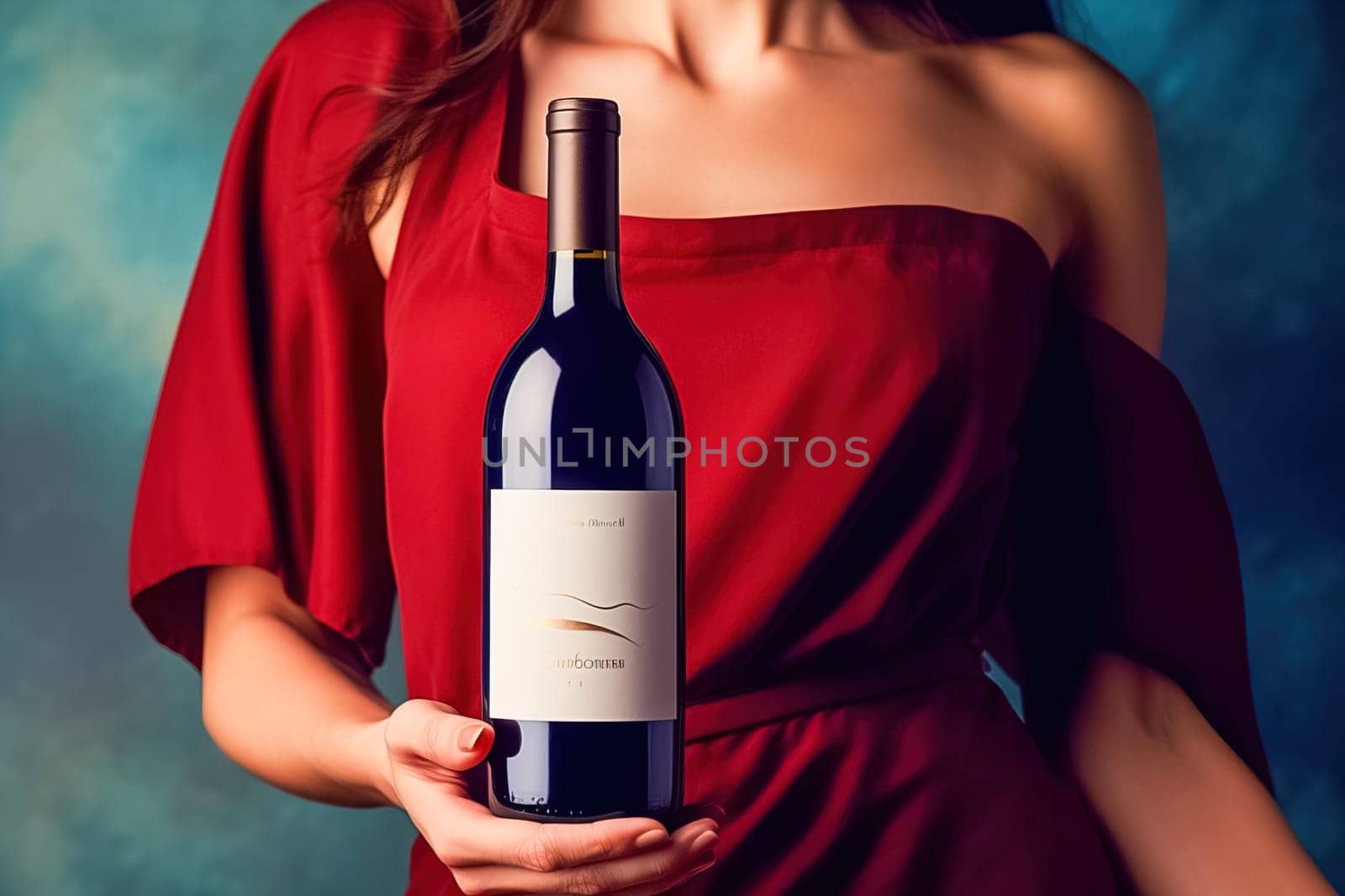Woman's hands holding a bottle of red wine with a white label. Generative AI. High quality illustration