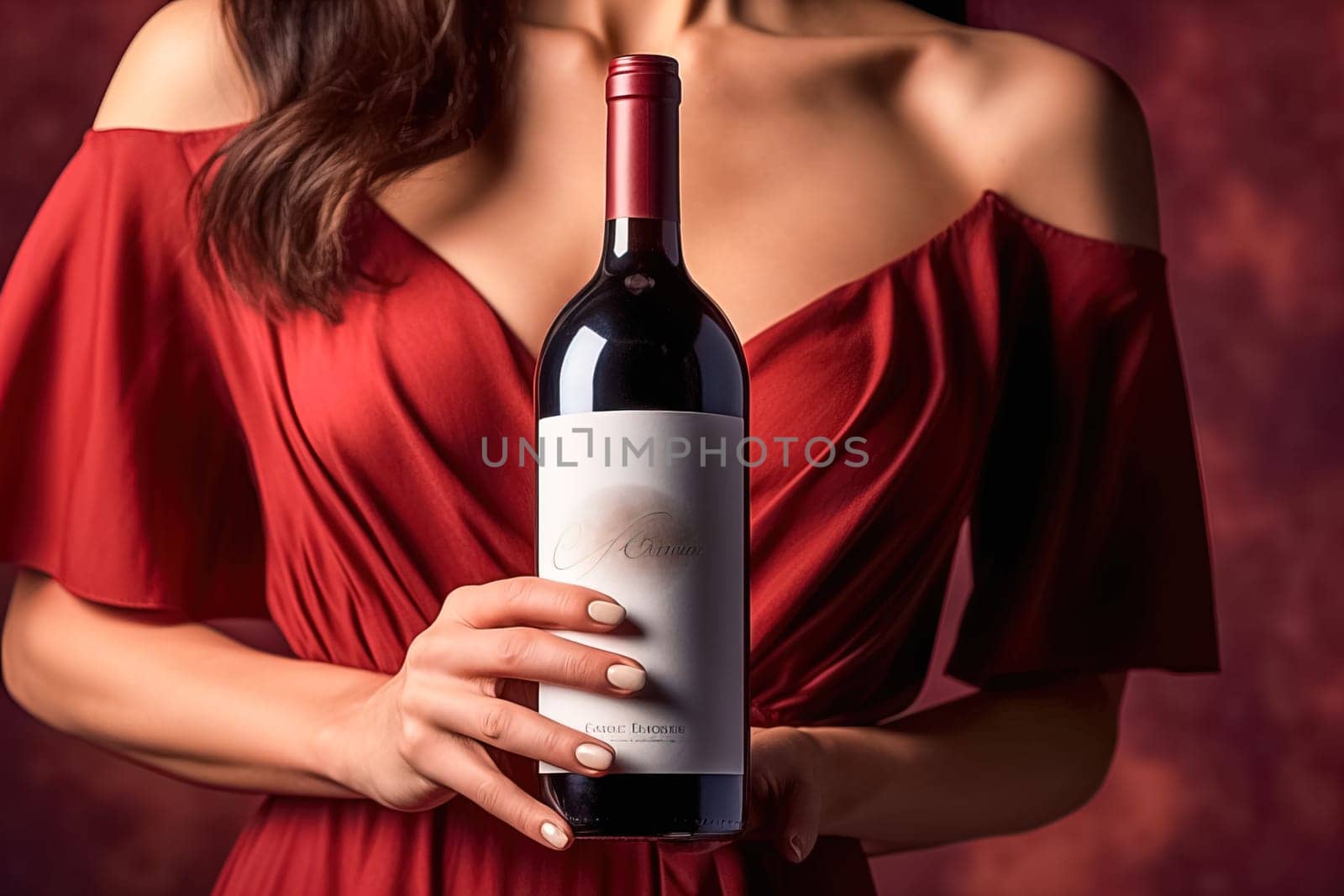 Woman's hands holding a bottle of red wine with a white label. Generative AI. High quality illustration