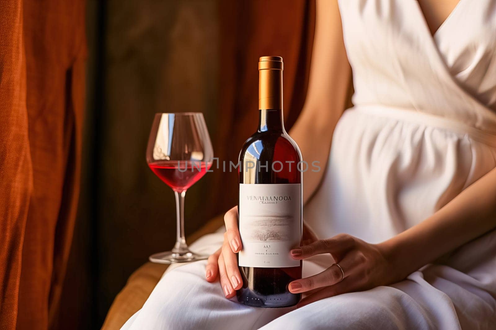 Woman's hands holding a bottle of red wine with a white label. Generative AI. High quality illustration