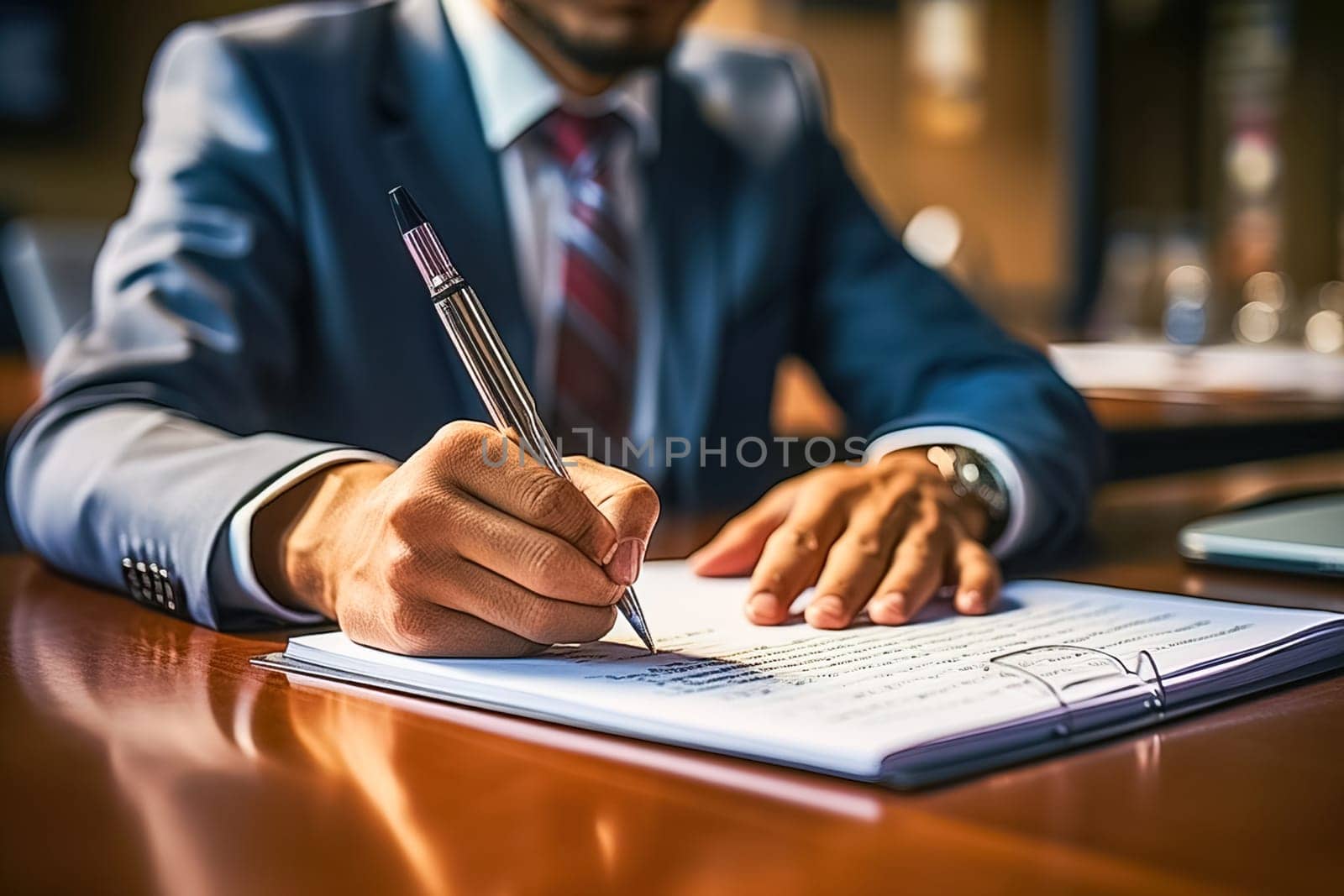 Male director signs documents in his office. Generative AI. High quality illustration