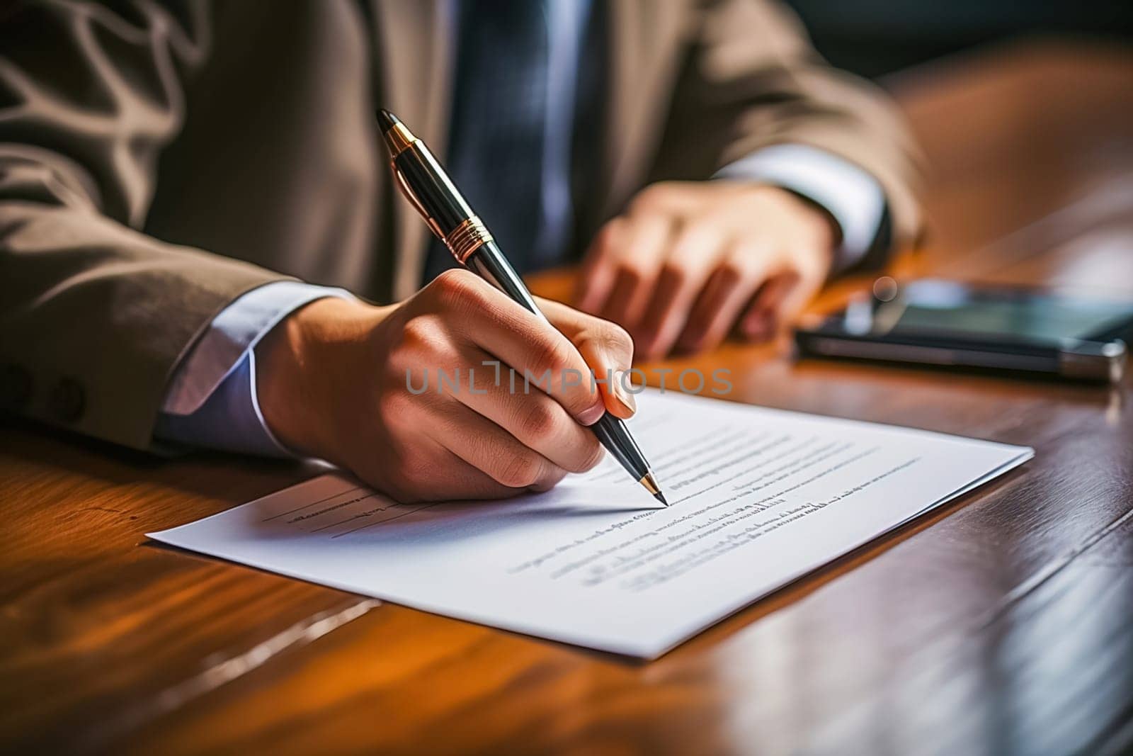 Male director signs documents in his office. Generative AI. High quality illustration