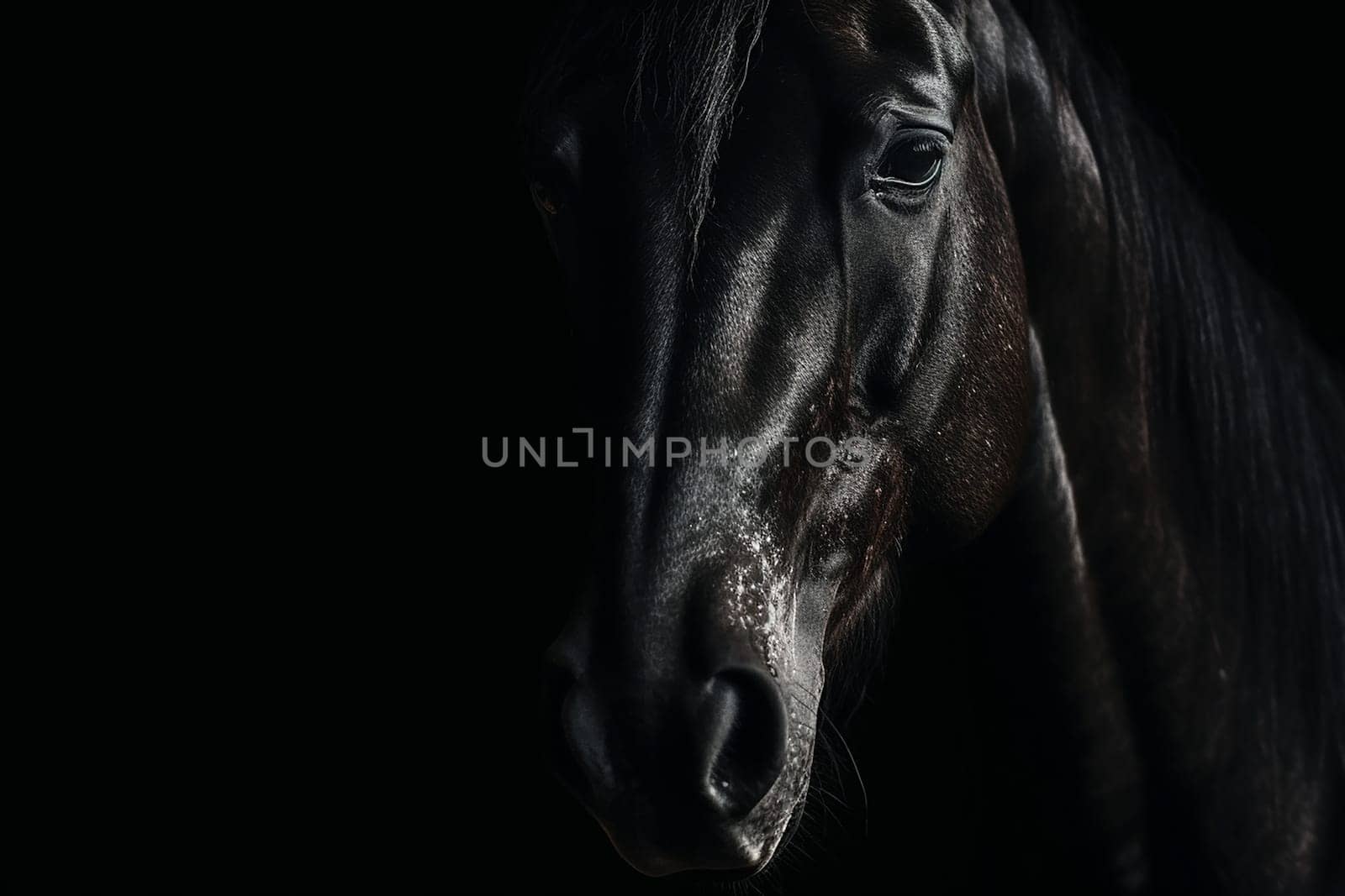 Black horse head portrait on black background, image generated by ai