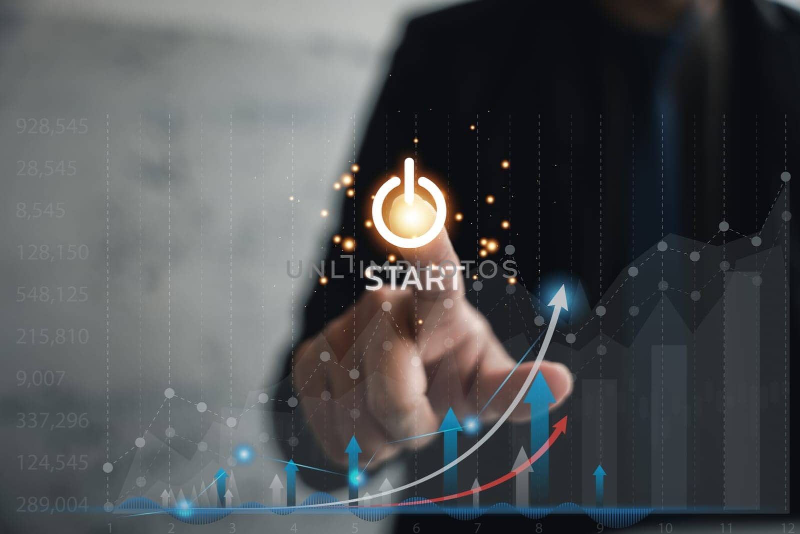 Business man startup concept. icon business and network connection on modern virtual interface. Entrepreneurship. Business planning, start up with business growth graph