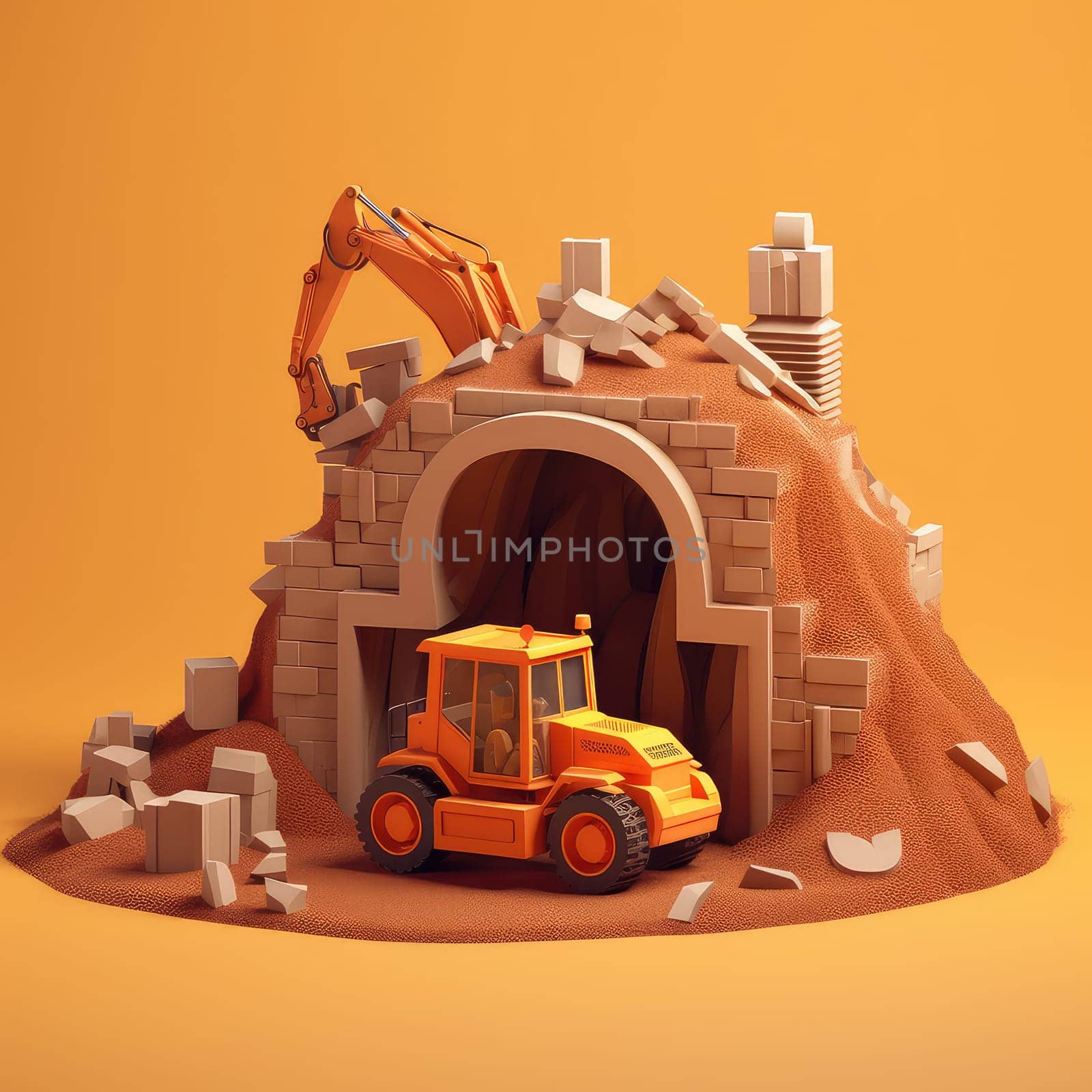 Bulldozer 3d cartoon illustration - Generative AI. Bulldozer, machine, wheels, bricks.