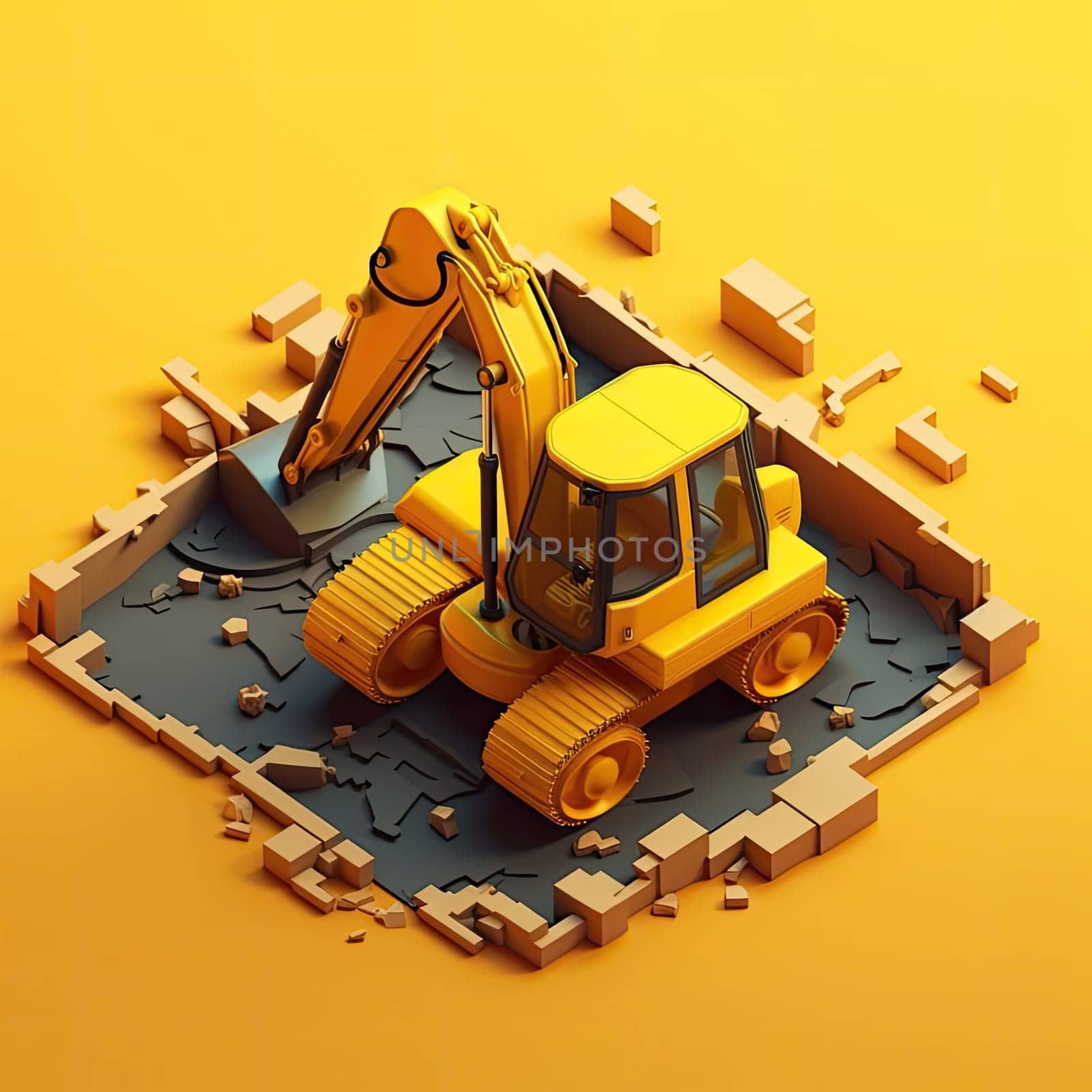 Excavator 3d cartoon illustration - Generative AI. Excavator, scoop, caterpillar, construction.