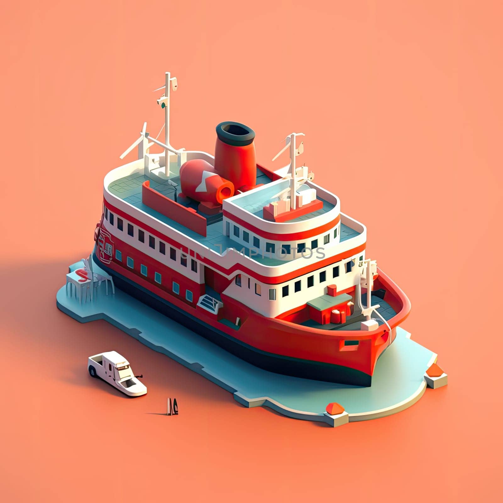 Ferry 3d cartoon illustration - Generative AI. Ferry, boat, transport, deck.