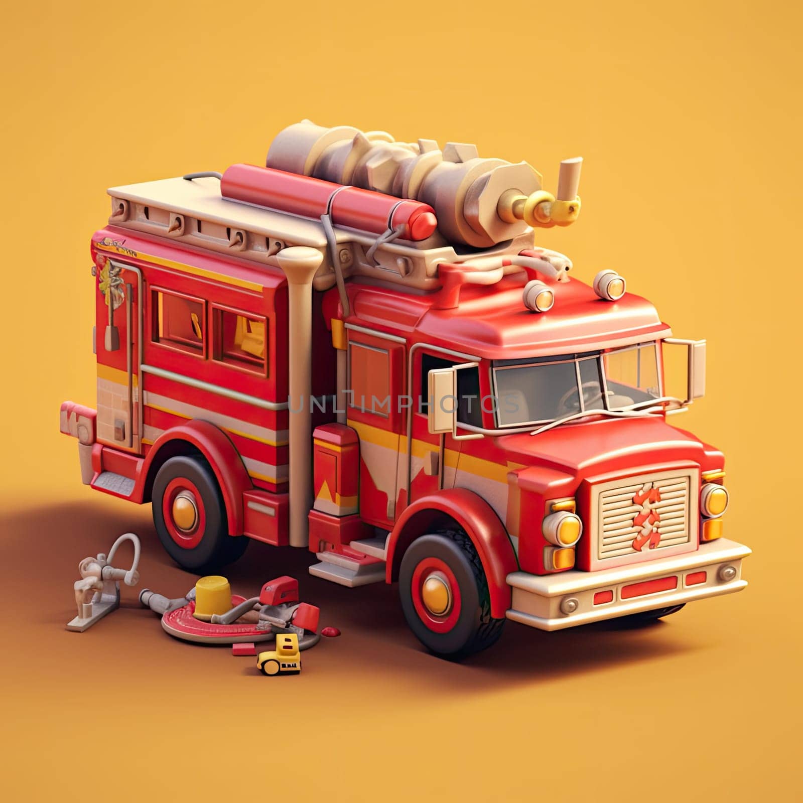 Fire truck 3d cartoon illustration - Generative AI. by simakovavector