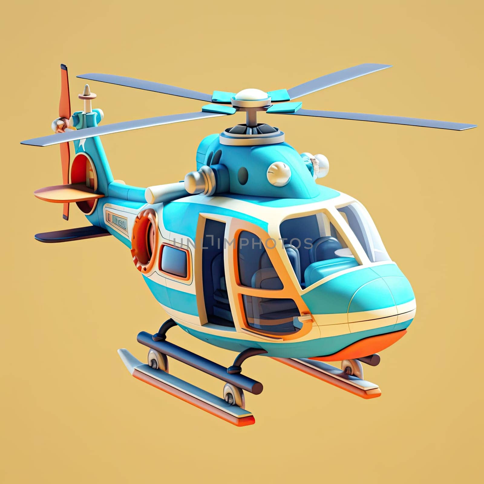 Helicopter 3d cartoon illustration - Generative AI. Helicopter, transport, skid, blade.