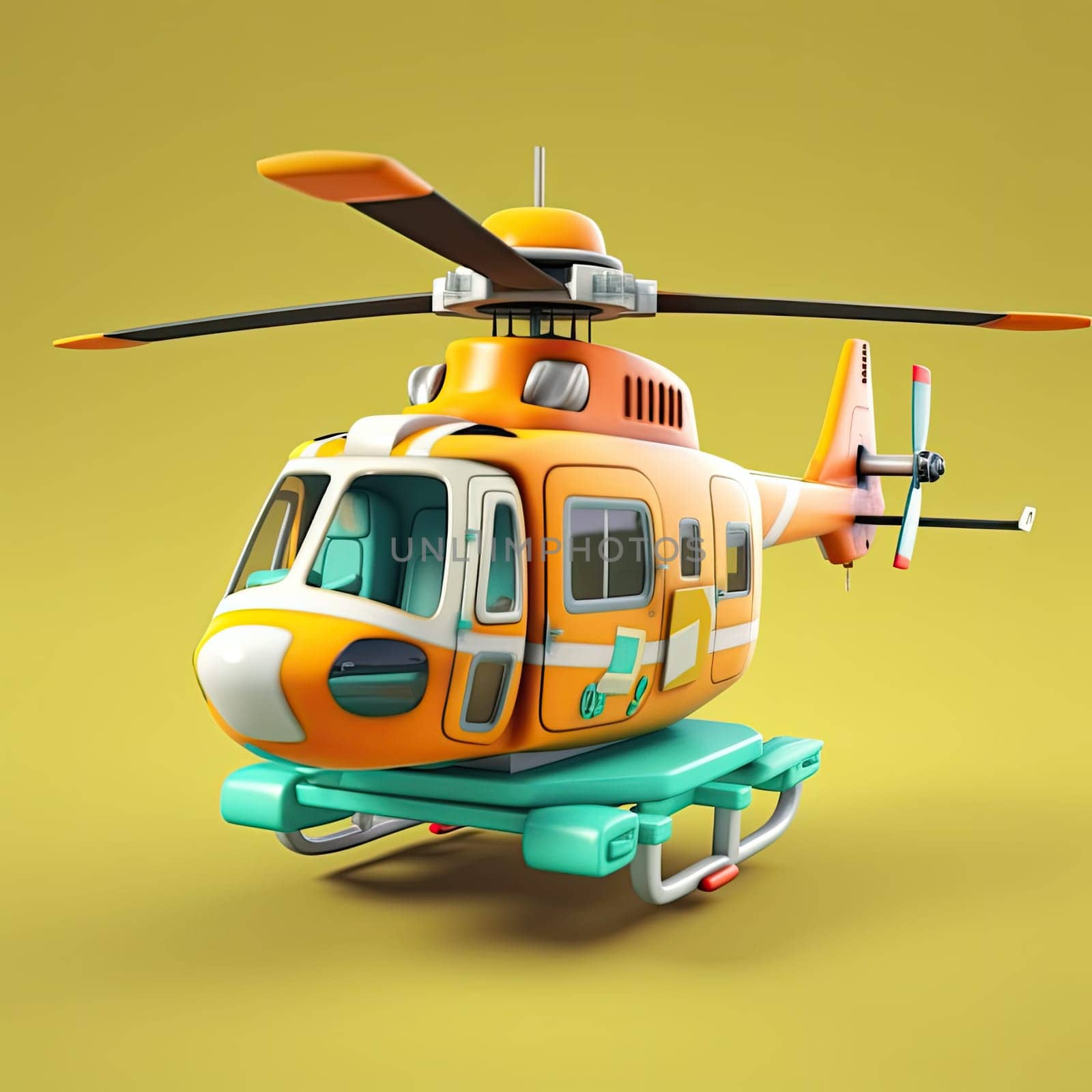 Helicopter 3d cartoon illustration - Generative AI. Helicopter, transport, skid, blade.