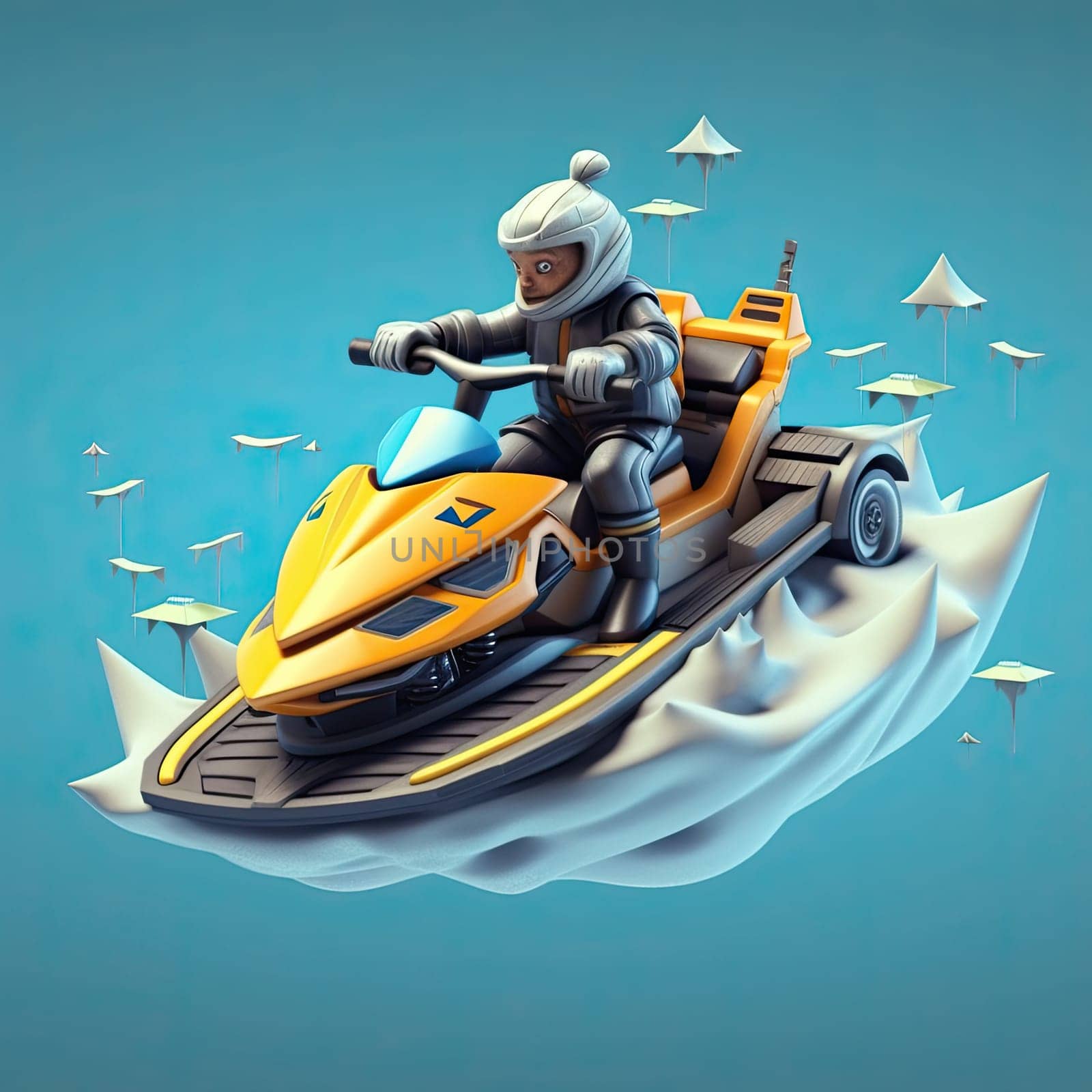 Jet ski 3d cartoon illustration - Generative AI. Jet, ski, transport, man, water.