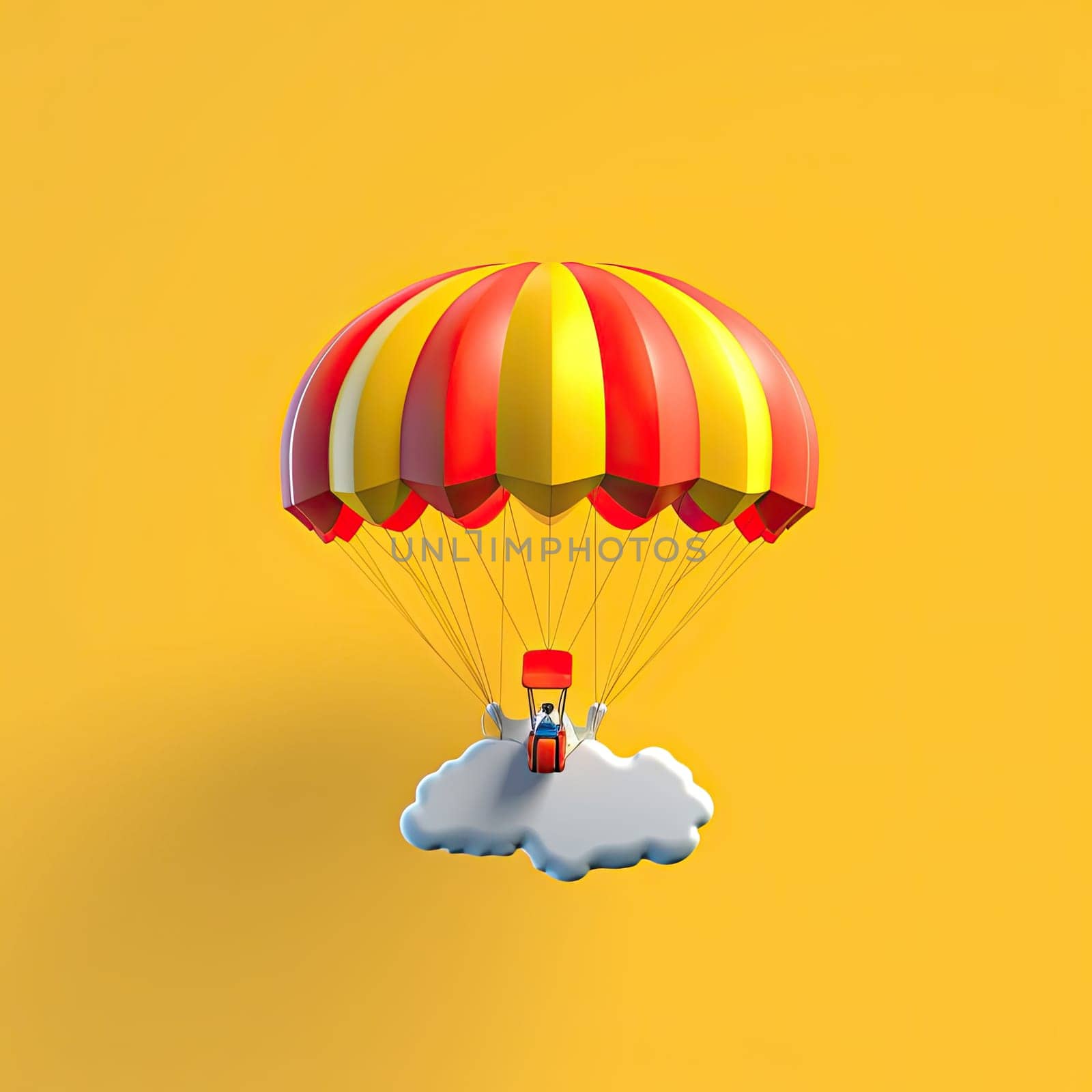 Parachute 3d cartoon illustration - Generative AI. Parachute, transport, cloud, slings, box.