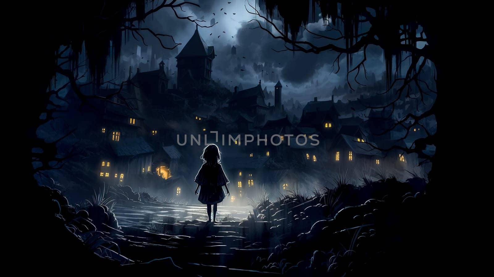 silhouette of a little girl walking from a dark forest to a scary city, made with Generative AI. High quality illustration