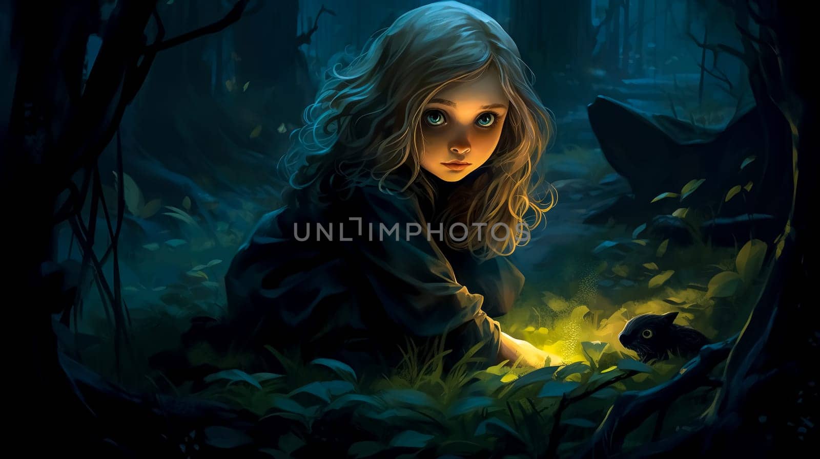 portrait of a girl lost in a fairytale forest, a little witch, made with Generative AI. High quality illustration