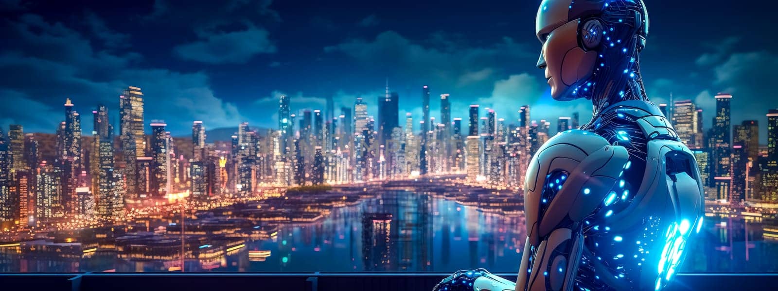 robot portrait with a futuristic city panorama in the background, future development concept, made with Generative AI. High quality illustration