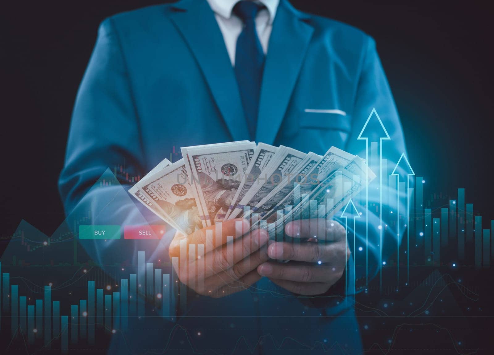 investment and finance concept, businessman holding money, stock market, profits and business growth