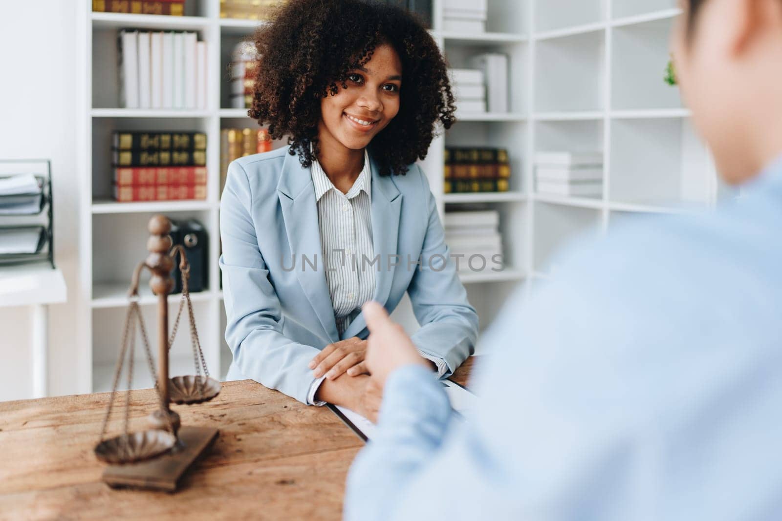 african american attorney, lawyers discussing contract or business agreement at law firm office, Business people making deal document legal, justice advice service concepts.