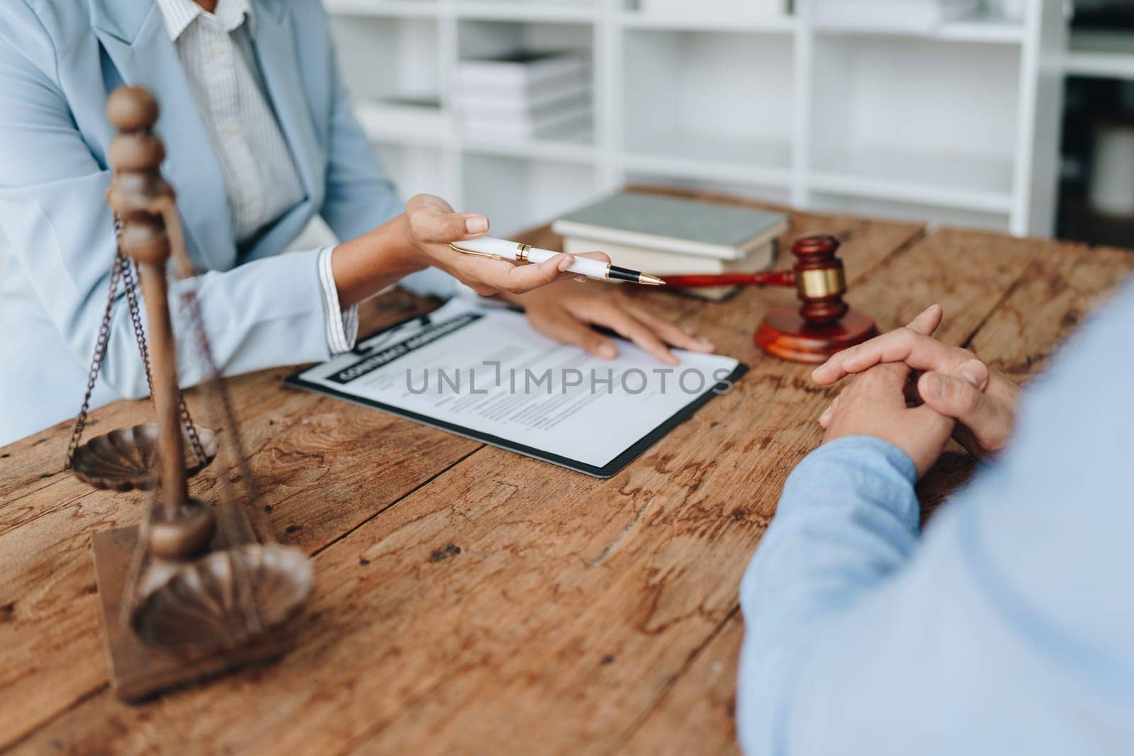 african american attorney, lawyers discussing contract or business agreement at law firm office, Business people making deal document legal, justice advice service concepts by Manastrong