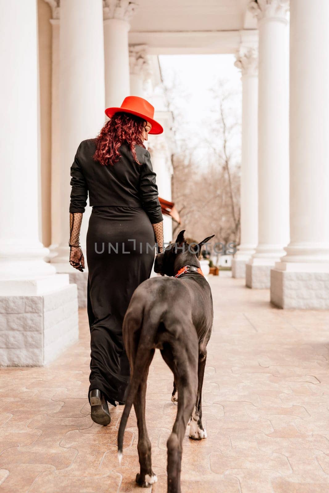 A photo of a woman and her Great Dane walking through a town, taking in the sights and sounds of the urban environment.