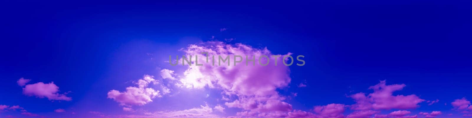Blue sky panorama with magenta Cirrus clouds in Seamless spherical equirectangular format. Climate and weather change