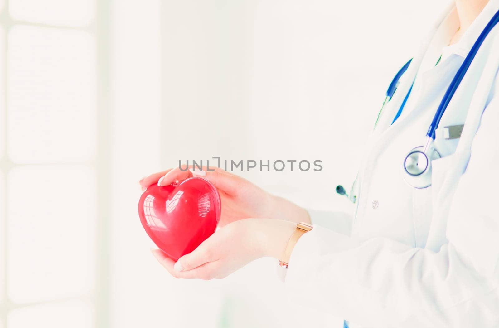 Female doctor with stethoscope holding heart, on light background.