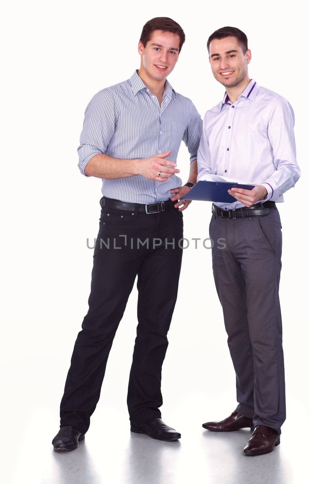 Two Businessman standing on a white background.