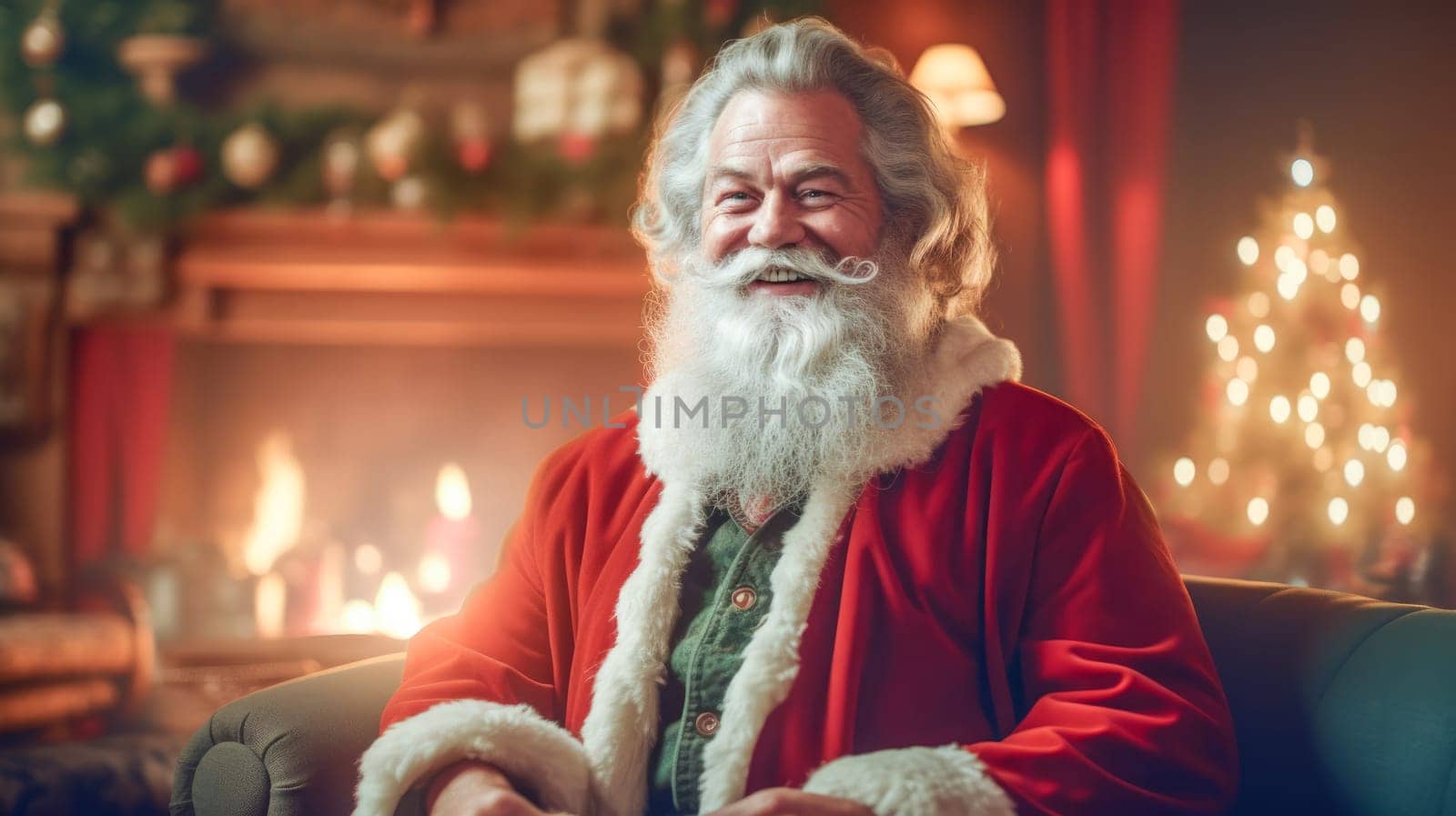 Santa Claus sitting in chair by the fireplace. Christmas and New Year concept. Home decoration. Generative Ai