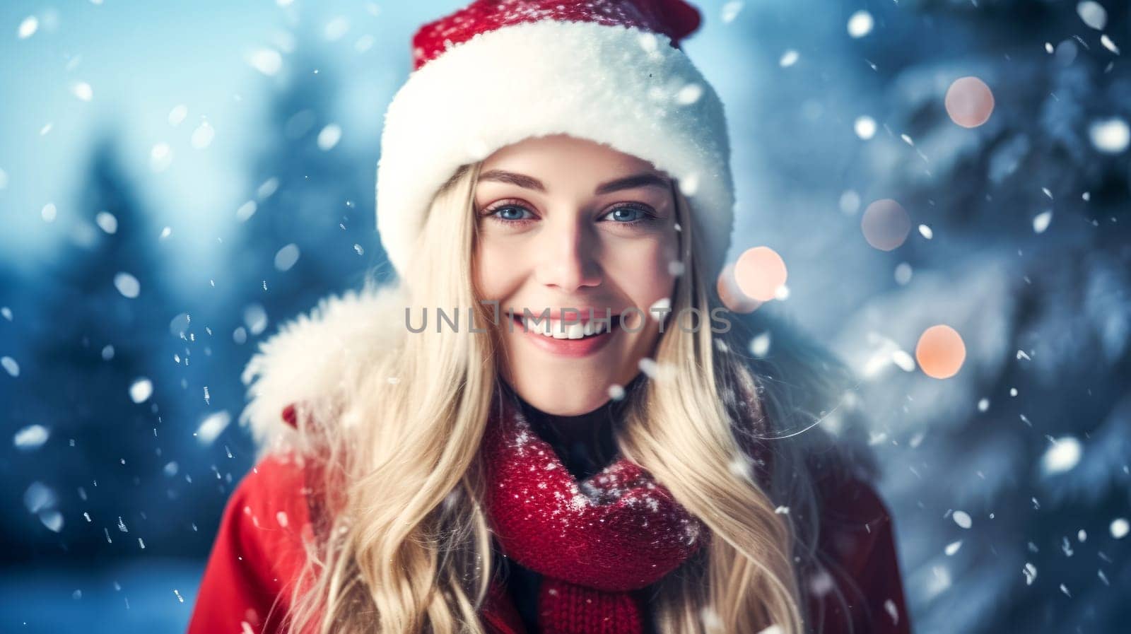 Beautiful blonde woman in Santa hat outside with falling snow background. Generative Ai